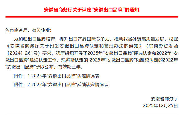 安徽出口品牌的通知